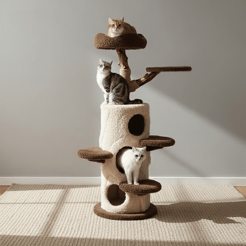 A realistic camera shot of the KtKitty Treehouse Solid Wood Cat Tree in a quiet room, featuring natural wood textures, a cozy cabin-style hideaway, and multiple platforms, captured with authentic colors and natural room lighting.