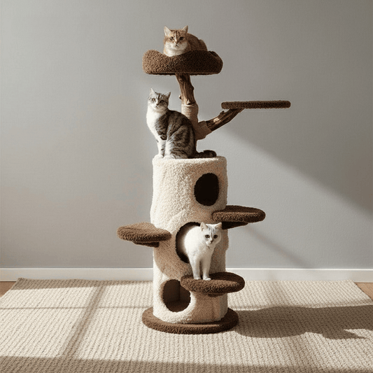 A realistic camera shot of the KtKitty Treehouse Solid Wood Cat Tree in a quiet room, featuring natural wood textures, a cozy cabin-style hideaway, and multiple platforms, captured with authentic colors and natural room lighting.