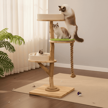 KtKitty premium Wooden Cat Tree with Hanging Bed & Scratching Post in a clean, realistic indoor setting. The photo highlights the natural wood texture, the soft suspended cat bed, and durable sisal scratching post under natural indoor lighting.