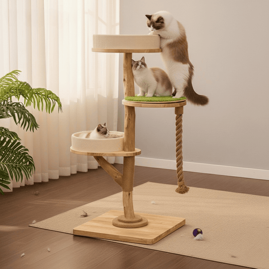 KtKitty premium Wooden Cat Tree with Hanging Bed & Scratching Post in a clean, realistic indoor setting. The photo highlights the natural wood texture, the soft suspended cat bed, and durable sisal scratching post under natural indoor lighting.