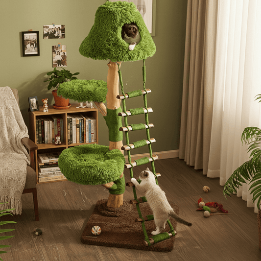 A realistic camera shot of the KtKitty Wooden Cloud Stepper Cat Tree Tower in a cozy, naturally lit room. The image highlights the light wood grain and plush cloud platforms with authentic colors and soft shadows, free from artificial red tones.