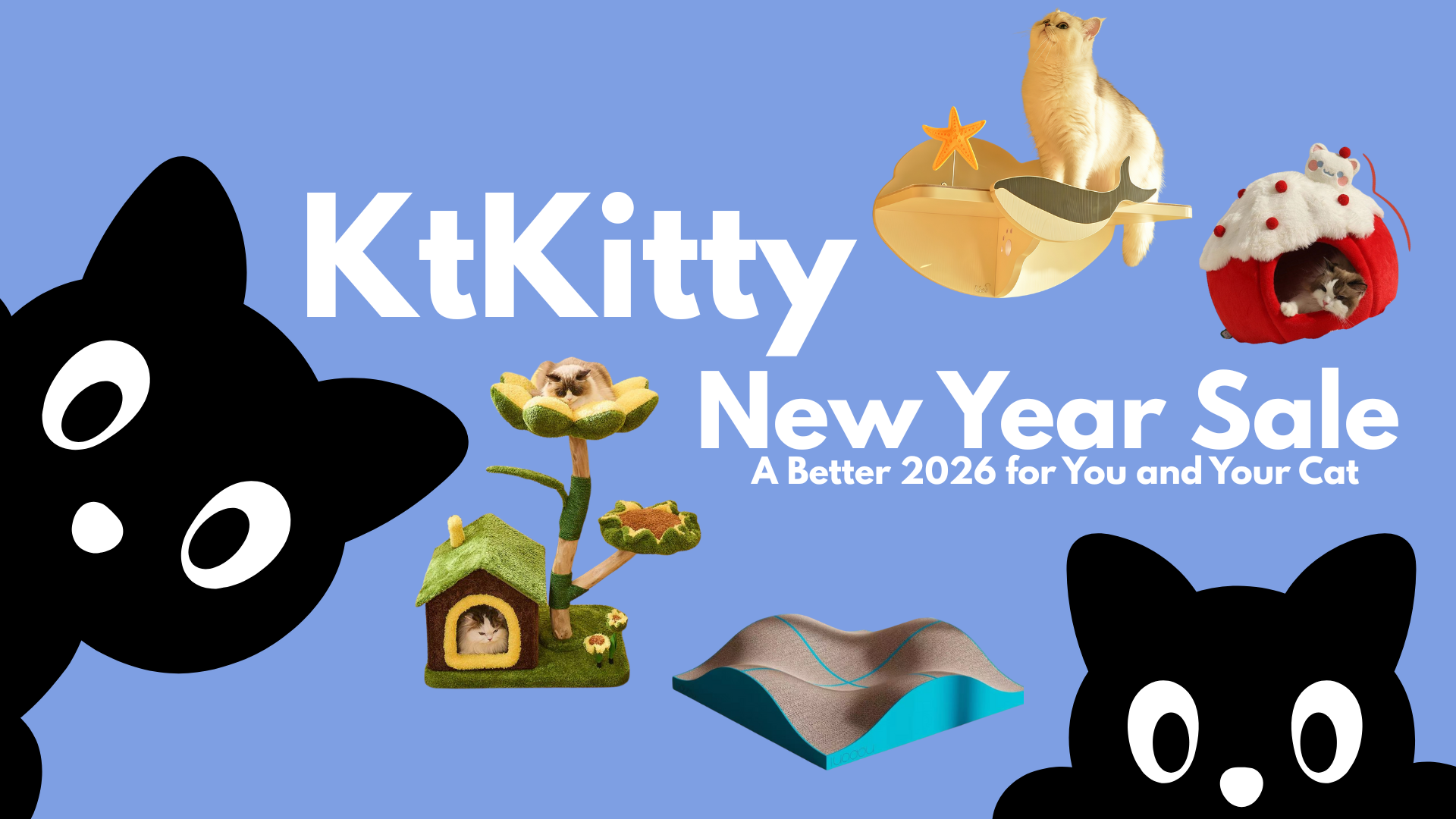 KtKitty 2026 New Year Sale banner featuring cute cat trees, wall-mounted cat shelves, and cozy cat beds on a blue background.