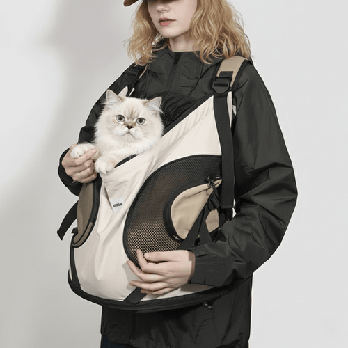 KtKitty Lightweight Cat Tote Bag carried by a Caucasian woman with blonde hair, featuring a fluffy white cat peeking out.