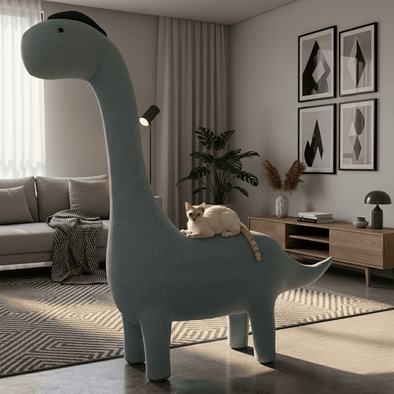 KtKitty cute dinosaur cat tree with a green dino-shaped scratching post and soft perch, shown in a realistic indoor home setting with warm, natural lighting.