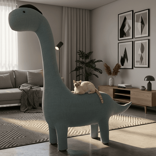 KtKitty cute dinosaur cat tree with a green dino-shaped scratching post and soft perch, shown in a realistic indoor home setting with warm, natural lighting.