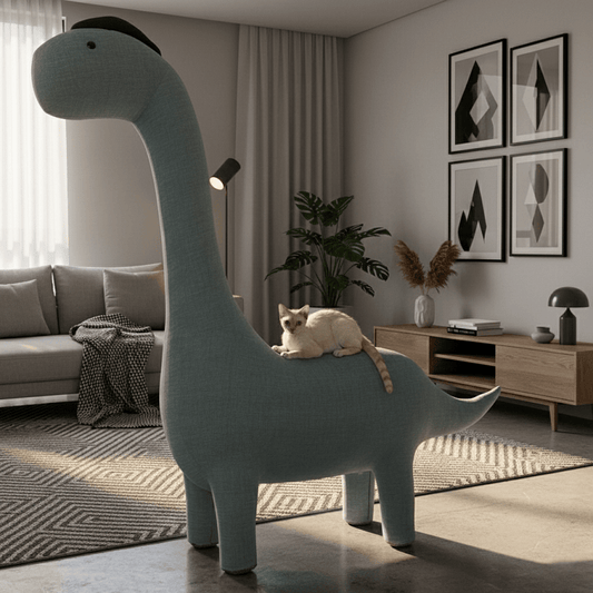 KtKitty cute dinosaur cat tree with a green dino-shaped scratching post and soft perch, shown in a realistic indoor home setting with warm, natural lighting.