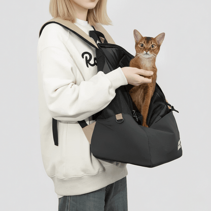 KtKitty Lightweight Cat Carrier Backpack and Front Pack for Small Pets, featuring a Caucasian model in a realistic white wall studio setting. High-resolution shot displaying authentic fabric textures and a comfortable pet carrying experience for hiking and travel.