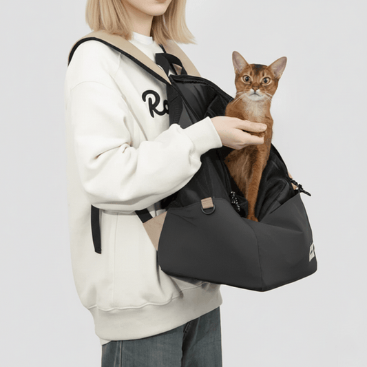 KtKitty Lightweight Cat Carrier Backpack and Front Pack for Small Pets, featuring a Caucasian model in a realistic white wall studio setting. High-resolution shot displaying authentic fabric textures and a comfortable pet carrying experience for hiking and travel.