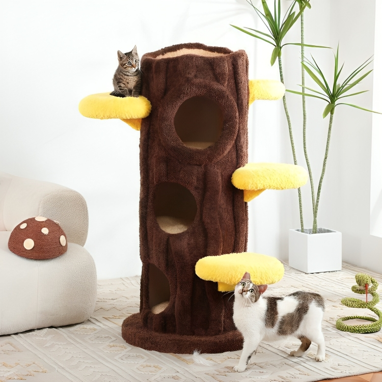 Luxury Cat Tree for Large Cats Real Wood-Style Multi-Level Climbing Tower with two cats playing on soft perches.