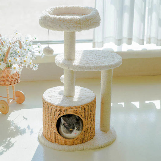 Milk Cloud Cat Tree ¨C Plush Rabbit Fur and Handmade Rattan Design for Comfortable Cat Climbing and Resting.