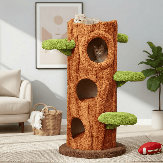 Luxury Cat Tree for Large Cats Real Wood-Style Multi-Level Climbing Tower with two cats playing inside.