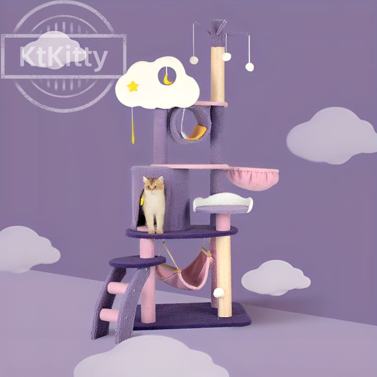 A cat playing on the Moonlight Cat Tree, highlighting its multi-functional design and showing how cats can relax and interact on the platforms.