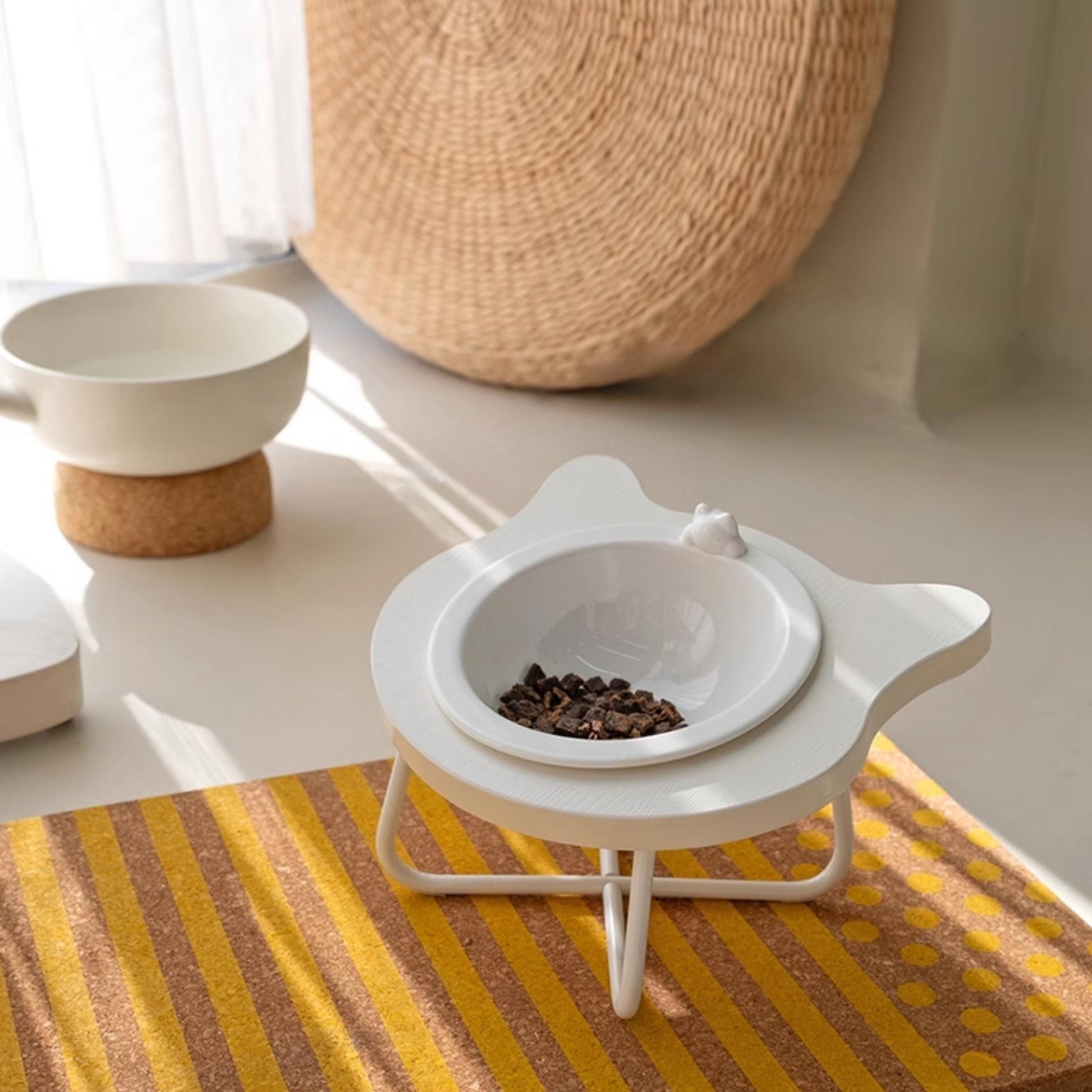 Eco-friendly wood grain base adds natural style, paired with healthy elevated ceramic bowl.