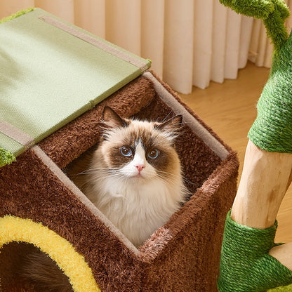 Sunflower Cat Tree Tower – Multi-Level Climbing & Scratching Post with a cat peeking out from the cozy hideaway.