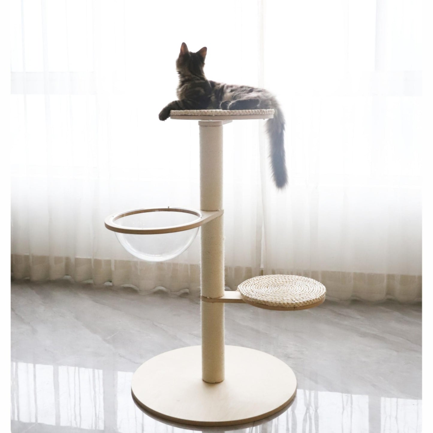 Three-level wooden cat tower with interlocking, tool-free assembly