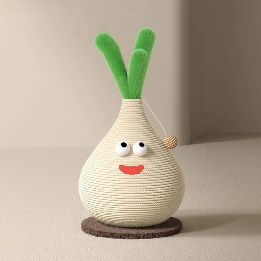 Garlic-Shaped Solid Wood Cat Scratching Board with Rotating Platform featuring playful design and durable materials.