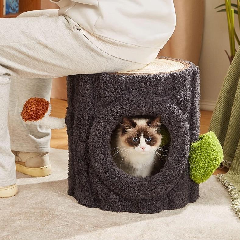 Multi-Functional Shared Living Stump: Designer Side Table, Stool, & All-in-One Cat Tree with a cat peeking out.