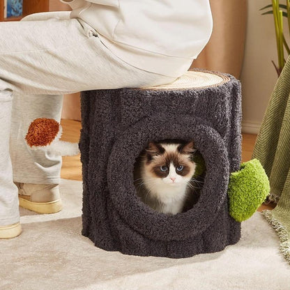 Multi-Functional Shared Living Stump: Designer Side Table, Stool, & All-in-One Cat Tree with a cat peeking out.