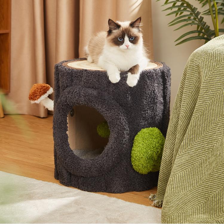 Multi-Functional Shared Living Stump: Designer Side Table, Stool, & All-in-One Cat Tree with cat lounging on top.