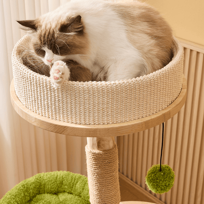 Wooden Cat Tree with Hanging Bed & Scratching Post