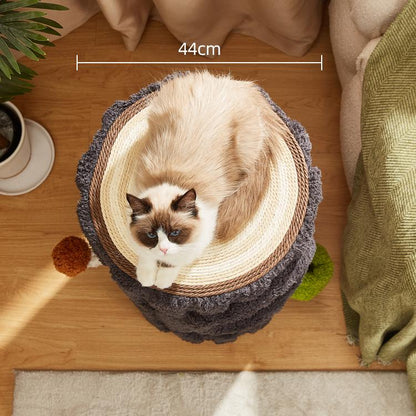 Multi-Functional Shared Living Stump: Designer Side Table, Stool, & All-in-One Cat Tree with a cat resting on top