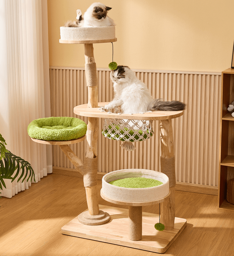 Wooden Cat Tree with Hanging Bed & Scratching Post