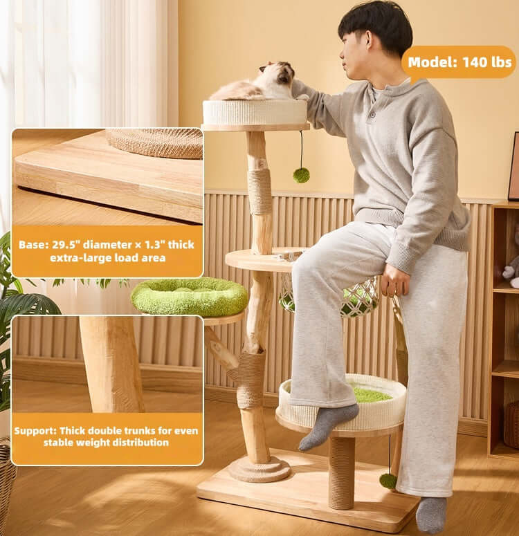 Wooden Cat Tree with Hanging Bed & Scratching Post