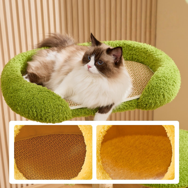 Unique Pear Cat Tree Tower: Natural Wood with All-Season Cat Bed