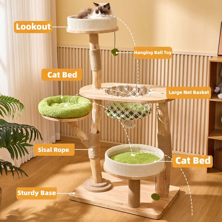 Wooden Cat Tree with Hanging Bed & Scratching Post