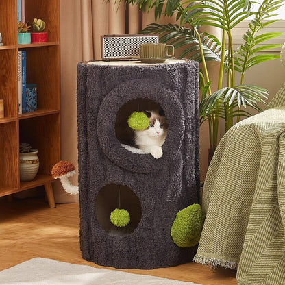 Multi-Functional Shared Living Stump: Designer Side Table, Stool, & All-in-One Cat Tree with playful cat inside.