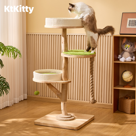 Wooden Cat Tree with Hanging Bed & Scratching Post