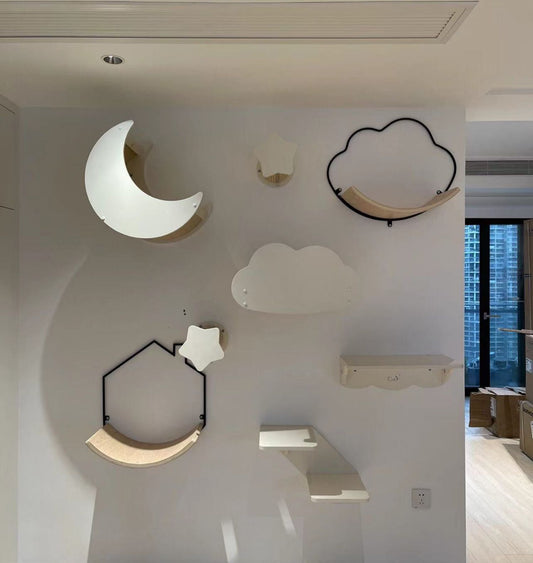 Moon wall-mounted cat bed with crescent-shaped perch and curved sisal