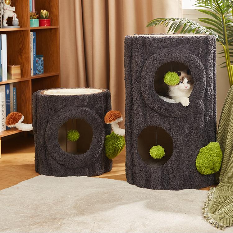 Multi-Functional Shared Living Stump: Designer Side Table, Stool, & All-in-One Cat Tree with playful cat and cozy design.