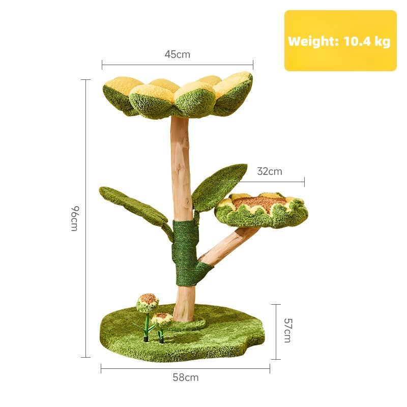 Sunflower Cat Tree Tower – Multi-Level Climbing & Scratching Post with sunflower-shaped platforms and sturdy wooden trunk