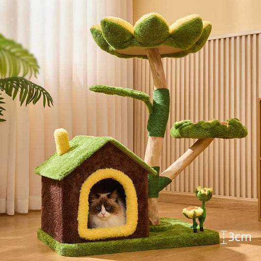 Sunflower Cat Tree Tower – Multi-Level Climbing & Scratching Post with cat in cozy house and vibrant flower design.