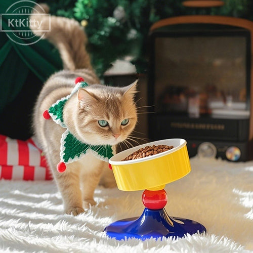 Ergonomic raised ceramic cat bowl for neck and spine health, easy to clean with anti-slip base.