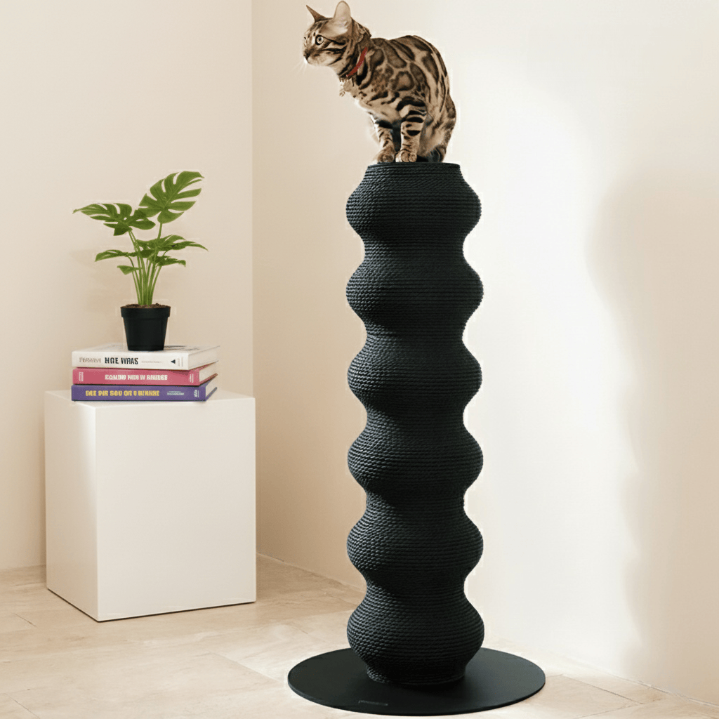 Real-life home setting of a solid wood cat tree with a grey cat scratching the sisal post