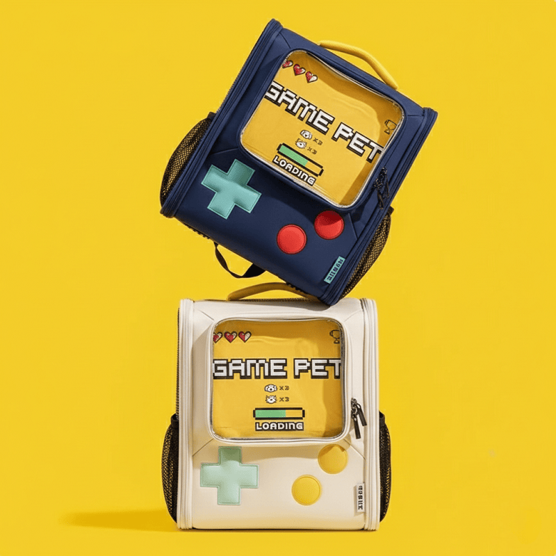 KtKitty Retro Game Cat Backpack featuring a creative game-console design with colorful buttons and a transparent window.