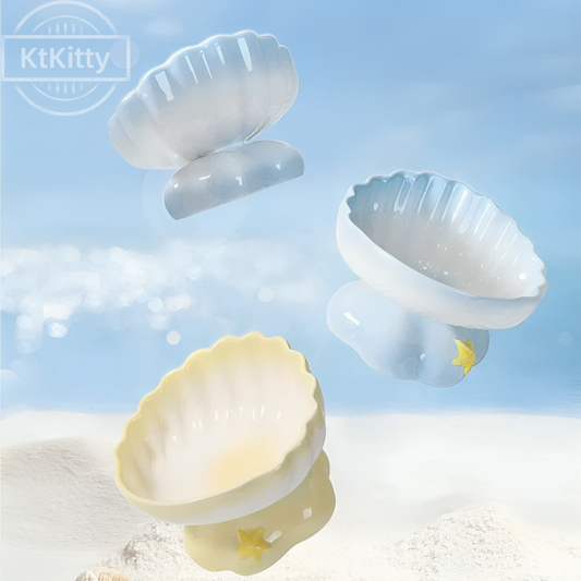 Shell Cat Food & Water Bowl – Marine-inspired ceramic elevated cat bowl for better posture and comfort
