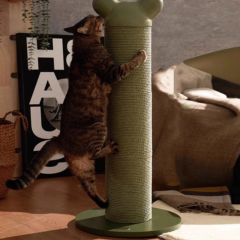 Single Vertical Cat Scratcher for Active Cats with a cat climbing and scratching the green post.