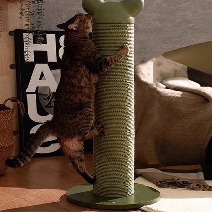 Single Vertical Cat Scratcher for Active Cats with a cat climbing and scratching the green post.