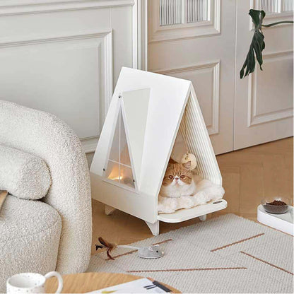 Cozy Modern Cat House for Indoor Cat Tree for Climbing, Scratching, and Relaxing with a cat inside.