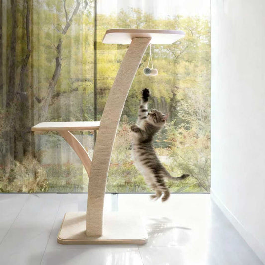 Solid Wood Cat Tree with a playful kitten reaching for a toy, designed for stylish indoor living.