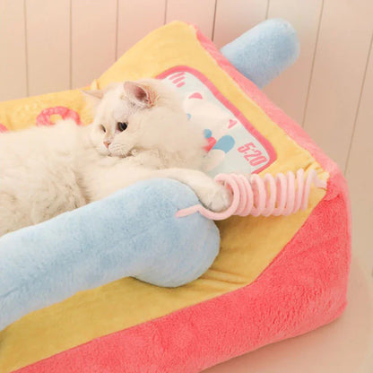 Kawaii Phone Sofa Bed for Cat – Cute & Cozy Lounge for Your Kitty with a cat relaxing on the soft cushion.