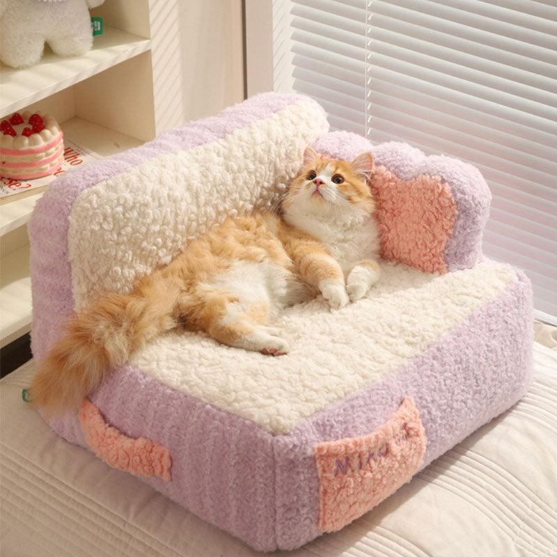 Two cats resting on plush peach avocado cat bed - KtKitty