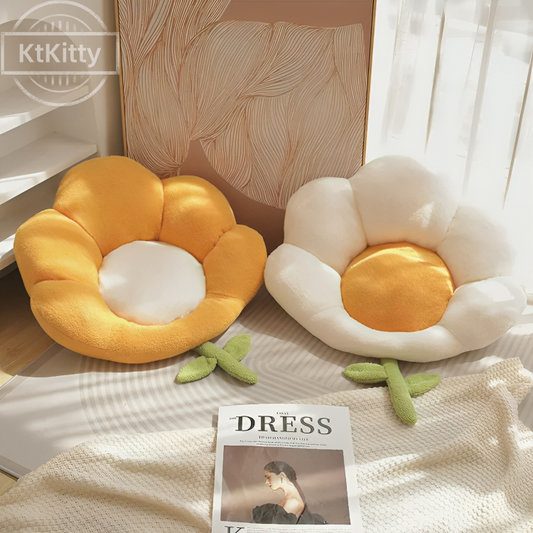 Cat napping on orange flower bed in living room - KtKitty