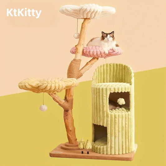 Showcases the entire Flower Large Cat Tree, highlighting its natural fruitwood craftsmanship and multi-level design.