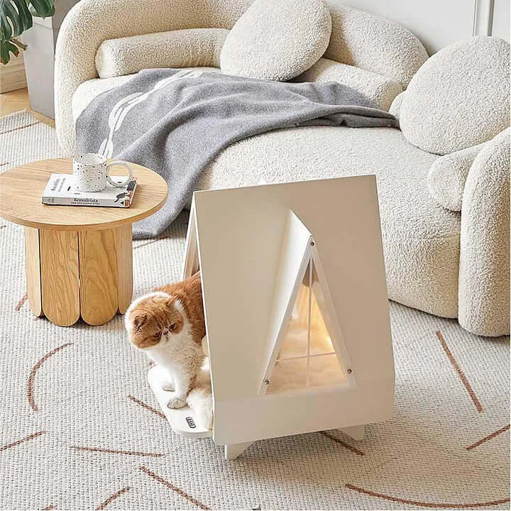 Cozy Modern Cat House with a cat relaxing inside, perfect indoor cat tree for climbing, scratching, and relaxing.