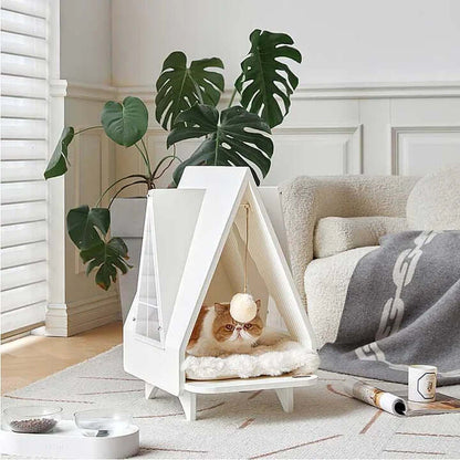 Cozy modern cat house with a cat lounging inside, perfect indoor cat tree for climbing, scratching, and relaxing.