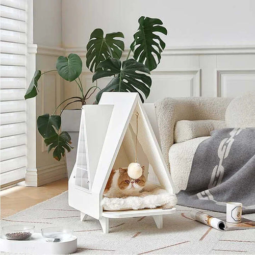Cozy modern cat house with a cat lounging inside, perfect indoor cat tree for climbing, scratching, and relaxing.